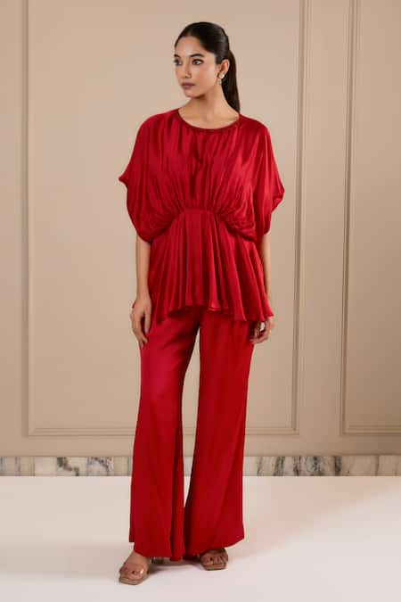 Omana By Ranjana Bothra Red Silk , Beads Round Neck Top And Pant Set