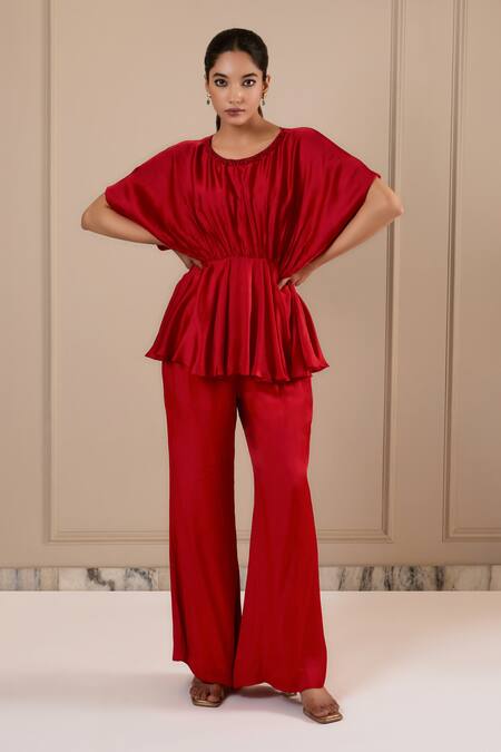 Omana By Ranjana Bothra_Red Silk , Beads Round Neck Top And Pant Set _Online_at_Aza_Fashions