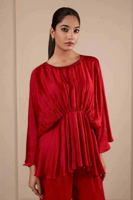 Buy_Omana By Ranjana Bothra_Red Silk , Beads Round Neck Top And Pant Set _Online_at_Aza_Fashions