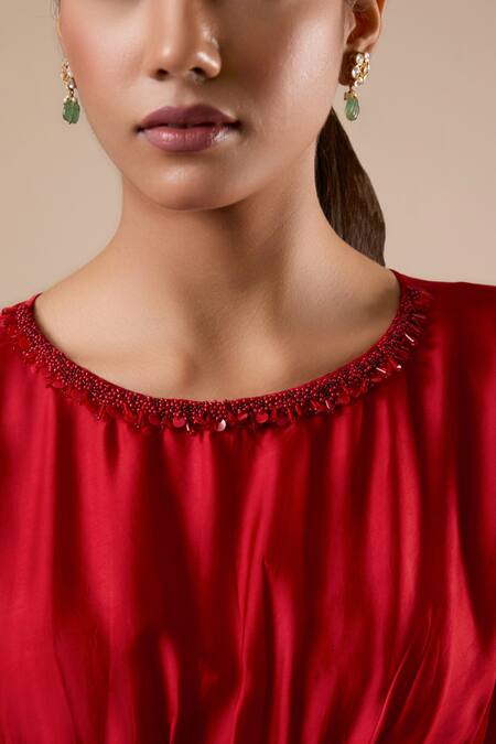 Shop_Omana By Ranjana Bothra_Red Silk , Beads Round Neck Top And Pant Set _Online_at_Aza_Fashions
