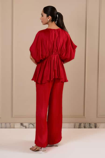 Omana By Ranjana Bothra Red Silk Satin Top & Pant Set 