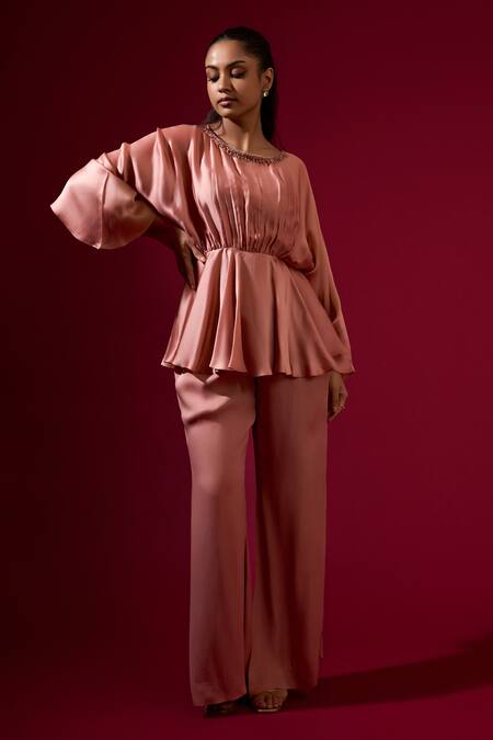 Omana By Ranjana Bothra_Pink Silk , Beads Round Neck Mocha Designer Top And Pant Set _Online_at_Aza_Fashions