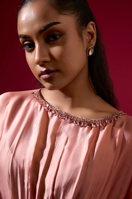 Shop_Omana By Ranjana Bothra_Pink Silk , Beads Round Neck Mocha Designer Top And Pant Set _Online_at_Aza_Fashions