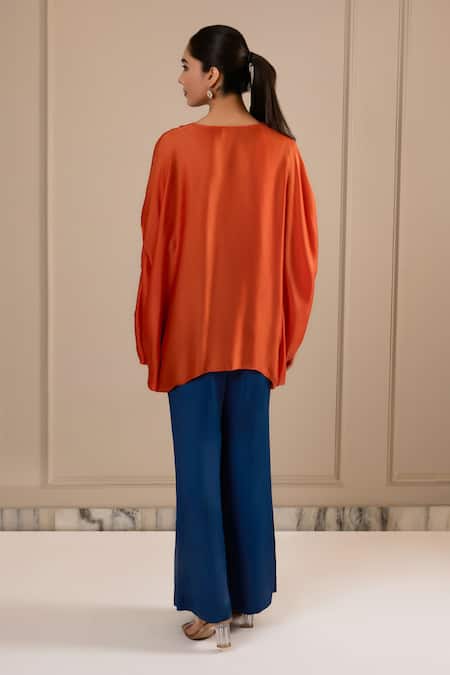 Omana By Ranjana Bothra Orange Silk Satin Top & Blue Dull Satin Pant 