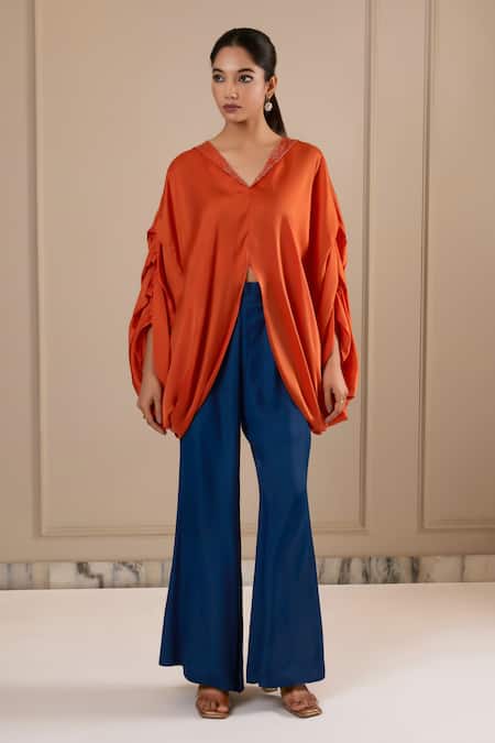 Omana By Ranjana Bothra Orange Silk Satin Top & Blue Dull Satin Pant 