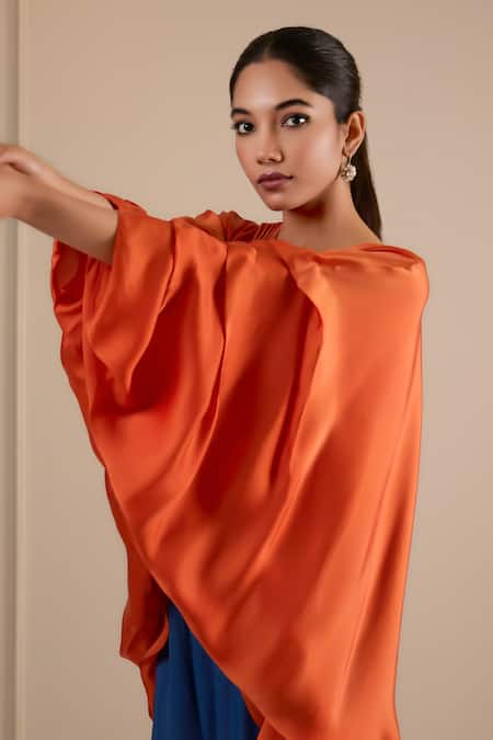 Omana By Ranjana Bothra Orange Silk , V-neck Top And Blue Dull Pant Online at Aza Fashions Omana By Ranjana Bothra_Orange Silk , V-neck Top And Blue Dull Pant _Online_at_Aza_Fashions