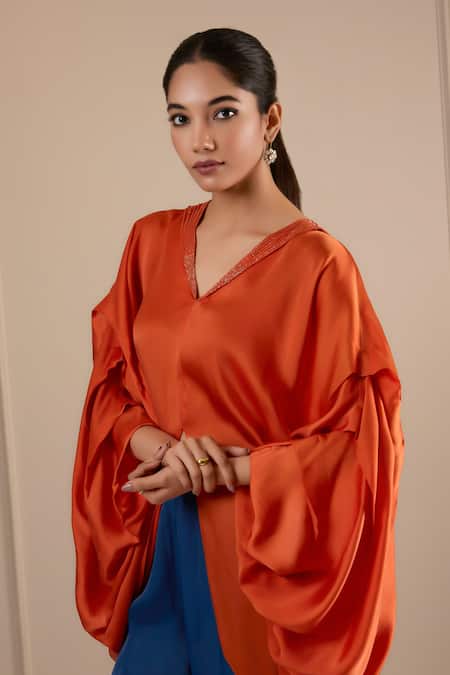 Buy Omana By Ranjana Bothra Orange Silk , V-neck Top And Blue Dull Pant Online at Aza Fashions Buy_Omana By Ranjana Bothra_Orange Silk , V-neck Top And Blue Dull Pant _Online_at_Aza_Fashions