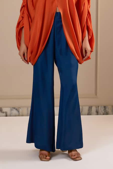 Shop Omana By Ranjana Bothra Orange Silk , V-neck Top And Blue Dull Pant Online at Aza Fashions Shop_Omana By Ranjana Bothra_Orange Silk , V-neck Top And Blue Dull Pant _Online_at_Aza_Fashions