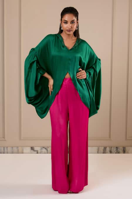 Omana By Ranjana Bothra Green Satin V-neck And Pink Designer Top Pant Set 
