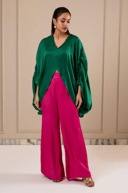 Omana By Ranjana Bothra Green Satin V-neck And Pink Designer Top Pant Set Online at Aza Fashions Omana By Ranjana Bothra_Green Satin V-neck And Pink Designer Top Pant Set _Online_at_Aza_Fashions