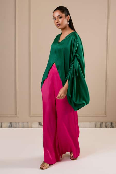 Buy Omana By Ranjana Bothra Green Satin V-neck And Pink Designer Top Pant Set Online at Aza Fashions Buy_Omana By Ranjana Bothra_Green Satin V-neck And Pink Designer Top Pant Set _Online_at_Aza_Fashions