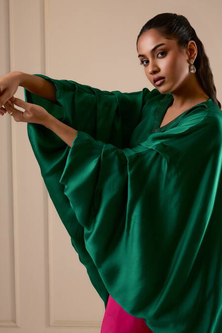 Shop Omana By Ranjana Bothra Green Satin V-neck And Pink Designer Top Pant Set Online at Aza Fashions Shop_Omana By Ranjana Bothra_Green Satin V-neck And Pink Designer Top Pant Set _Online_at_Aza_Fashions