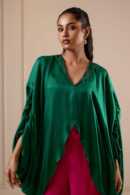 Omana By Ranjana Bothra Green Satin V-neck And Pink Designer Top Pant Set at Aza Fashions Omana By Ranjana Bothra_Green Satin V-neck And Pink Designer Top Pant Set _at_Aza_Fashions
