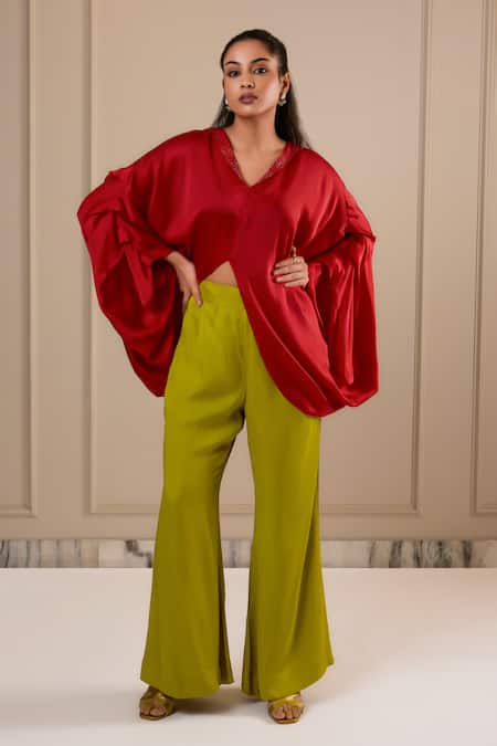 Omana By Ranjana Bothra Red Silk , V-neck Top And Lime Green Pant 