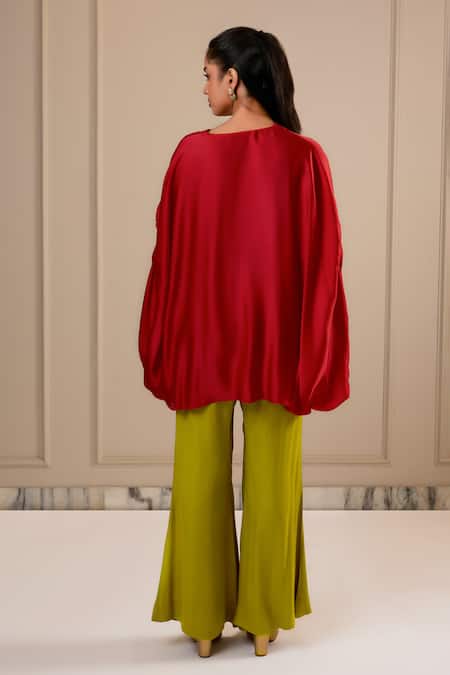 Omana By Ranjana Bothra Red Silk Satin Top & Lime Green Pant 