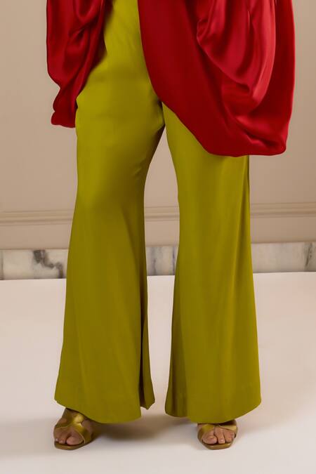 Omana By Ranjana Bothra_Red Silk , V-neck Top And Lime Green Pant _Online_at_Aza_Fashions