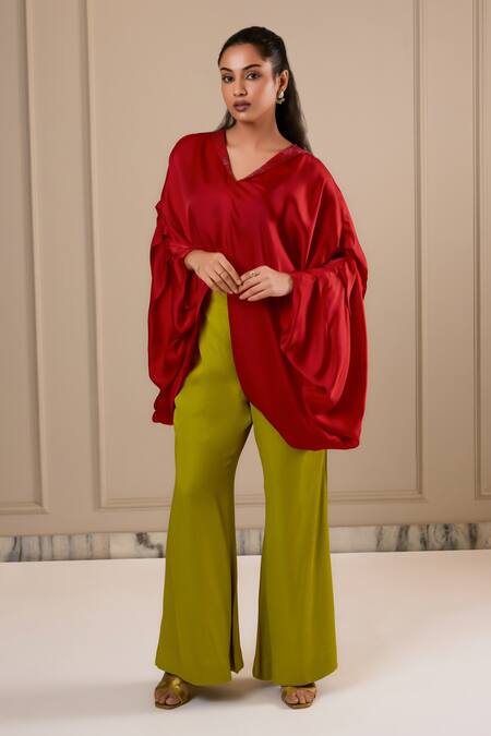 Buy_Omana By Ranjana Bothra_Red Silk , V-neck Top And Lime Green Pant _Online_at_Aza_Fashions