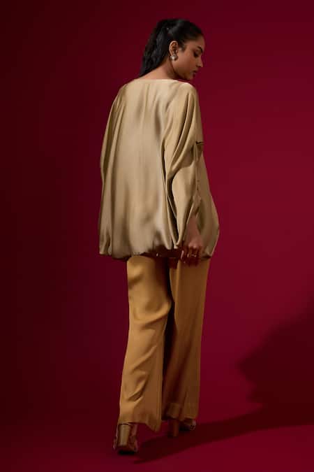 Omana By Ranjana Bothra Gold Silk , Beads V-neck Top And Pant Set Online at Aza Fashions Omana By Ranjana Bothra_Gold Silk , Beads V-neck Top And Pant Set _Online_at_Aza_Fashions