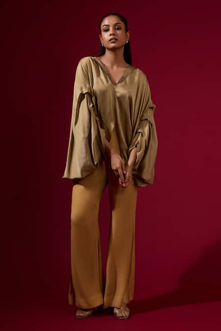 Buy Omana By Ranjana Bothra Gold Silk , Beads V-neck Top And Pant Set Online at Aza Fashions Buy_Omana By Ranjana Bothra_Gold Silk , Beads V-neck Top And Pant Set _Online_at_Aza_Fashions