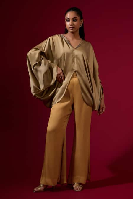 Omana By Ranjana Bothra Gold Silk , Beads V-neck Top And Pant Set