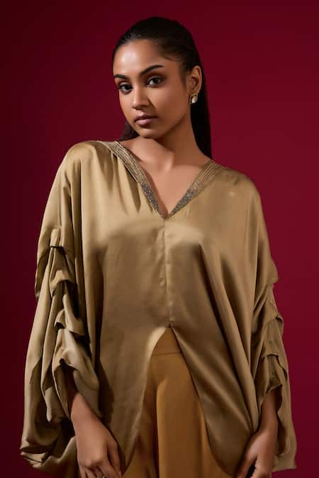 Shop Omana By Ranjana Bothra Gold Silk , Beads V-neck Top And Pant Set Online at Aza Fashions Shop_Omana By Ranjana Bothra_Gold Silk , Beads V-neck Top And Pant Set _Online_at_Aza_Fashions