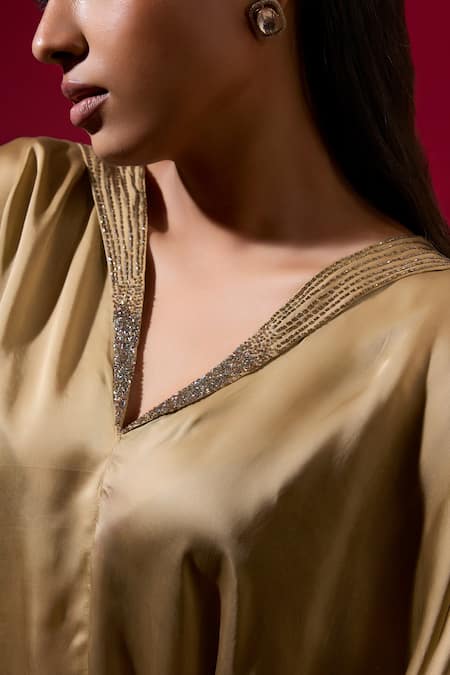 Omana By Ranjana Bothra Gold Silk , Beads V-neck Top And Pant Set at Aza Fashions Omana By Ranjana Bothra_Gold Silk , Beads V-neck Top And Pant Set _at_Aza_Fashions