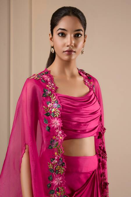 Omana By Ranjana Bothra_Pink Silk , Crepe, Embroidery Round Hot Designer Top Skirt Cape Set _Online_at_Aza_Fashions