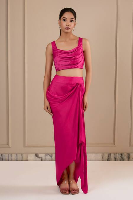 Buy_Omana By Ranjana Bothra_Pink Silk , Crepe, Embroidery Round Hot Designer Top Skirt Cape Set _Online_at_Aza_Fashions