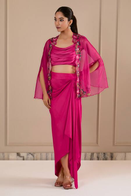 Shop_Omana By Ranjana Bothra_Pink Silk , Crepe, Embroidery Round Hot Designer Top Skirt Cape Set _Online_at_Aza_Fashions