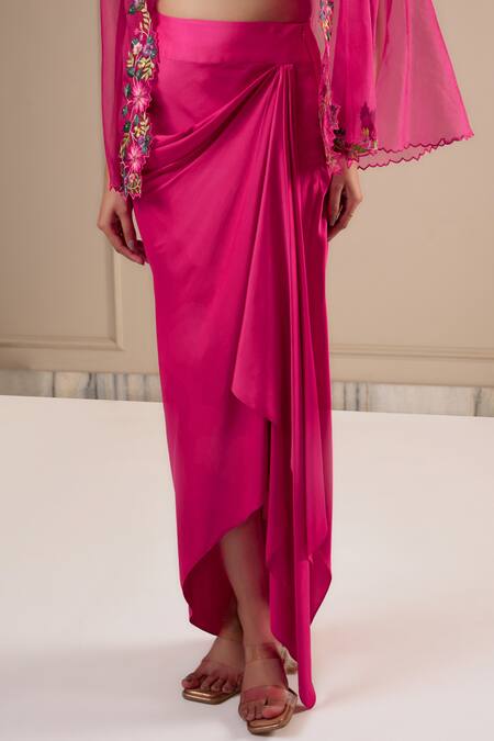 Omana By Ranjana Bothra_Pink Silk , Crepe, Embroidery Round Hot Designer Top Skirt Cape Set _at_Aza_Fashions