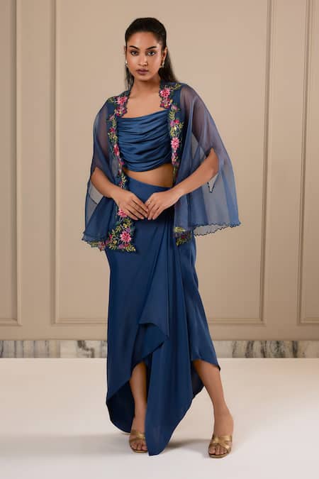 Omana By Ranjana Bothra Blue Silk Satin Embroidery Scoop , Open Designer Top Skirt And Cape Set 