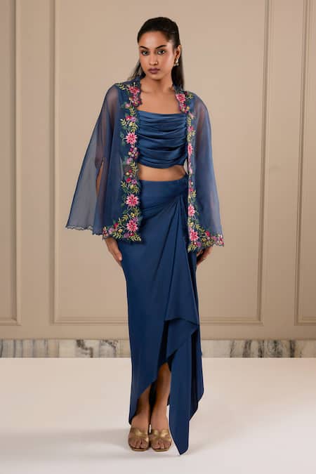 Shop_Omana By Ranjana Bothra_Blue Silk Satin Embroidery Scoop , Open Designer Top Skirt And Cape Set _Online_at_Aza_Fashions