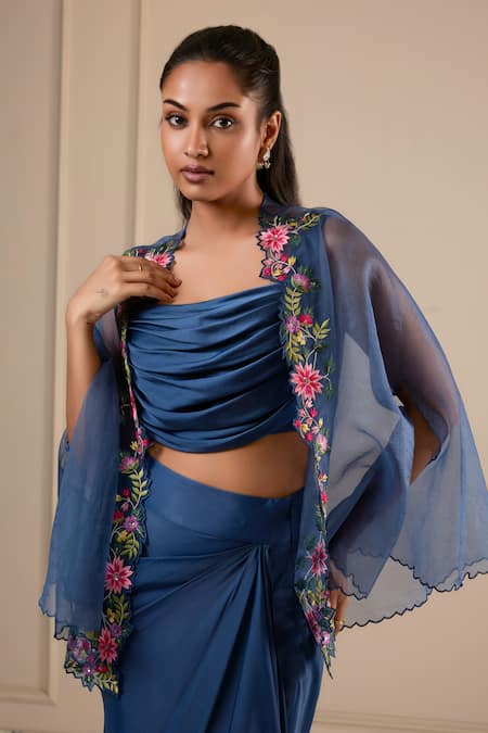 Omana By Ranjana Bothra_Blue Silk Satin Embroidery Scoop , Open Designer Top Skirt And Cape Set _at_Aza_Fashions