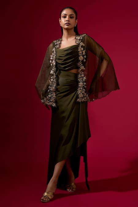 Omana By Ranjana Bothra Green Silk , Crepe, Embroidery Round Army Designer Top And Skirt Set 