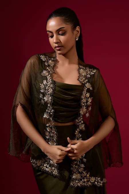 Omana By Ranjana Bothra_Green Silk , Crepe, Embroidery Round Army Designer Top And Skirt Set _at_Aza_Fashions
