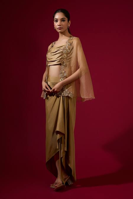 Omana By Ranjana Bothra_Gold Silk , Crepe, Embroidery Round Neck, Designer Top Skirt Cape Set _Online_at_Aza_Fashions