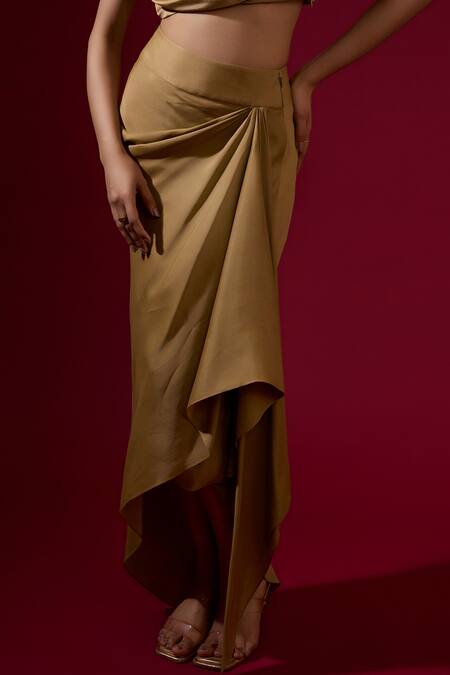 Buy_Omana By Ranjana Bothra_Gold Silk , Crepe, Embroidery Round Neck, Designer Top Skirt Cape Set _Online_at_Aza_Fashions
