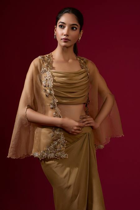 Shop_Omana By Ranjana Bothra_Gold Silk , Crepe, Embroidery Round Neck, Designer Top Skirt Cape Set _Online_at_Aza_Fashions