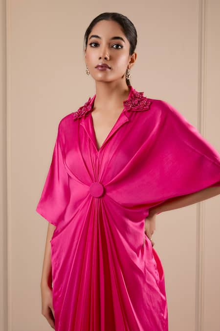 Buy_Omana By Ranjana Bothra_Pink Silk Satin Embroidery Collared Designer Kaftan _Online_at_Aza_Fashions