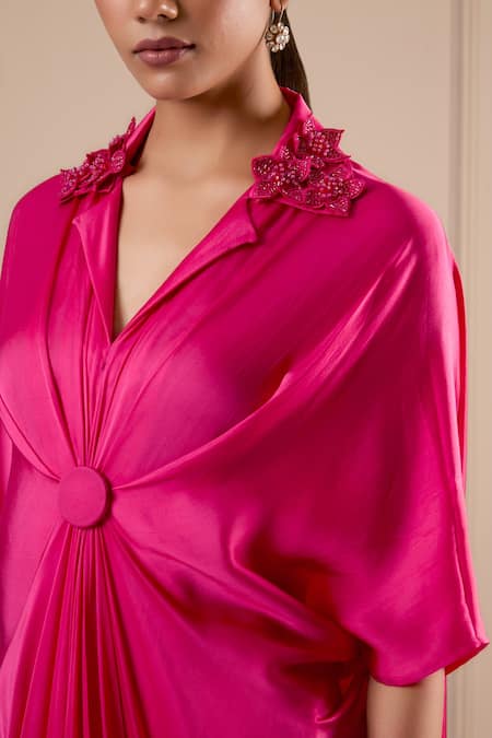 Shop_Omana By Ranjana Bothra_Pink Silk Satin Embroidery Collared Designer Kaftan _Online_at_Aza_Fashions