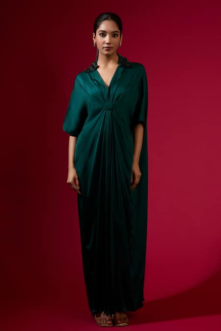 Omana By Ranjana Bothra Emerald Green Silk Satin Collared Kaftan Online at Aza Fashions Omana By Ranjana Bothra_Emerald Green Silk Satin Collared Kaftan _Online_at_Aza_Fashions
