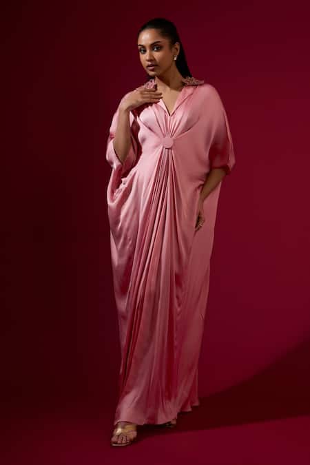 Omana By Ranjana Bothra Pink Silk Satin Embroidery, Zari V-neck Designer Kaftan
