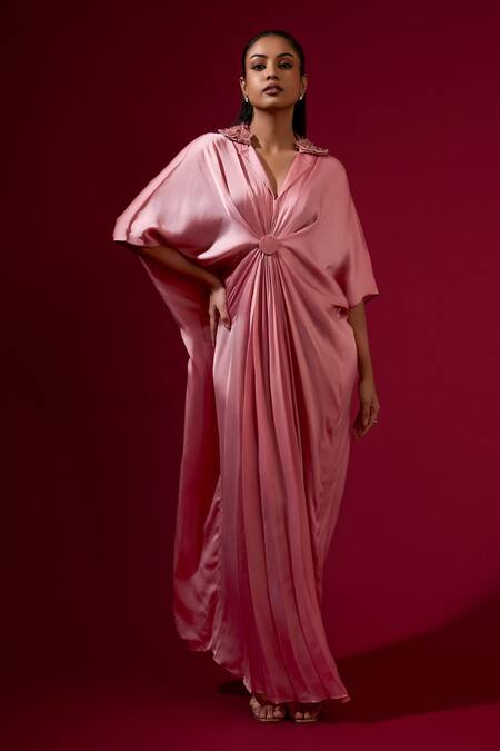 Omana By Ranjana Bothra_Pink Silk Satin Embroidery, Zari V-neck Designer Kaftan _Online_at_Aza_Fashions
