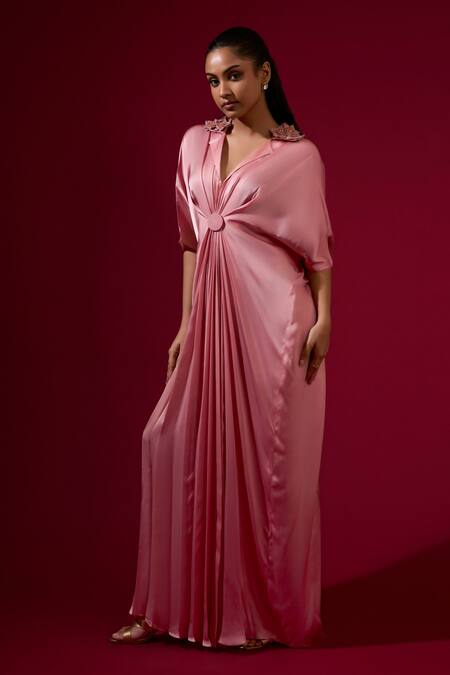 Buy_Omana By Ranjana Bothra_Pink Silk Satin Embroidery, Zari V-neck Designer Kaftan _Online_at_Aza_Fashions