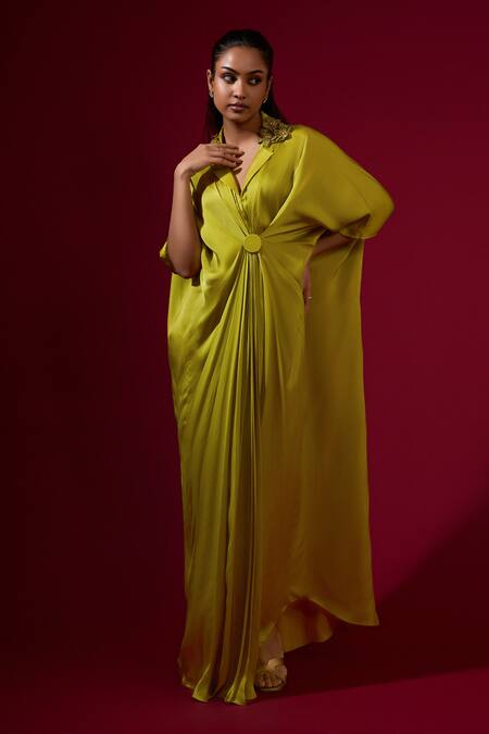Omana By Ranjana Bothra_Lime Silk Satin Embroidery Collared Green Kaftan _Online_at_Aza_Fashions