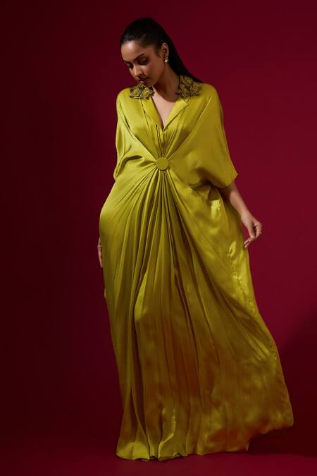 Buy_Omana By Ranjana Bothra_Lime Silk Satin Embroidery Collared Green Kaftan _Online_at_Aza_Fashions