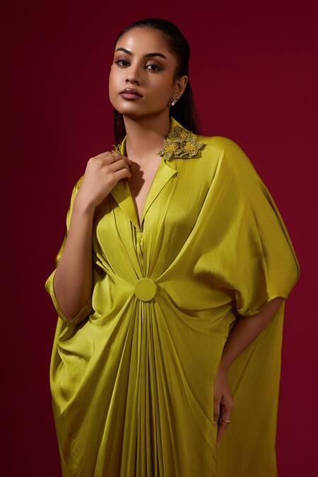 Shop_Omana By Ranjana Bothra_Lime Silk Satin Embroidery Collared Green Kaftan _Online_at_Aza_Fashions