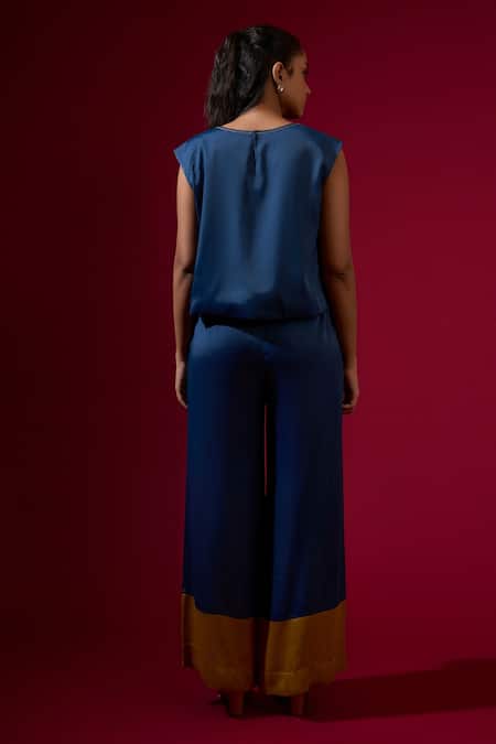 Omana By Ranjana Bothra Blue Dull Satin Top & Trouser Set 