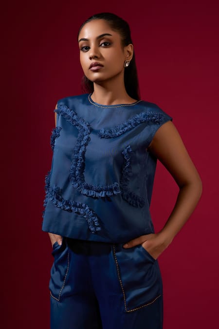 Shop_Omana By Ranjana Bothra_Blue Satin Ruffles Round Neck Dull Top And Trouser Set _Online_at_Aza_Fashions