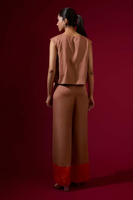 Omana By Ranjana Bothra Brown Dull Satin Top & Trouser Set 